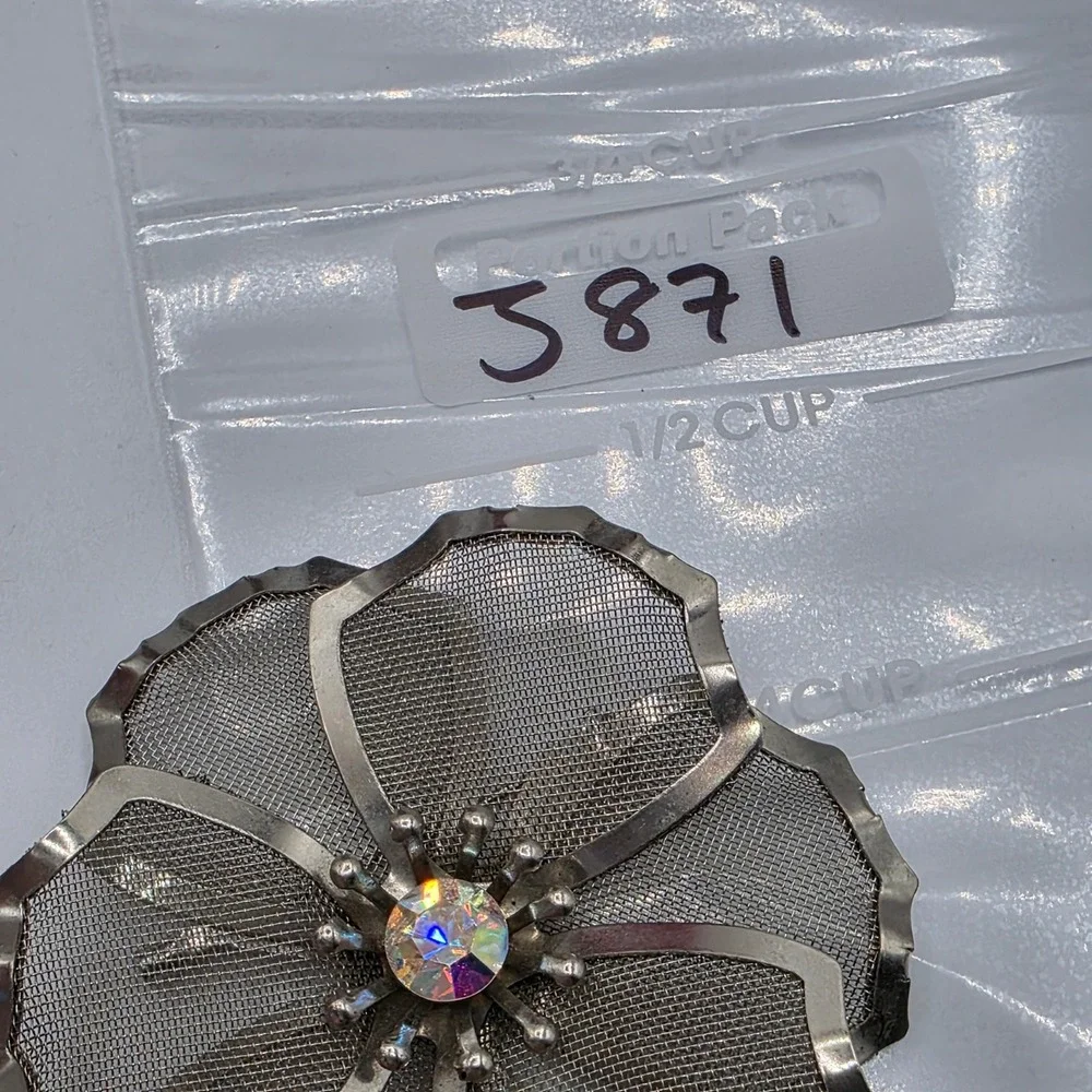 Vintage BED Silver Tone Mesh Flower‎ Brooch Aurora Borealis AB Rhinestone Pin